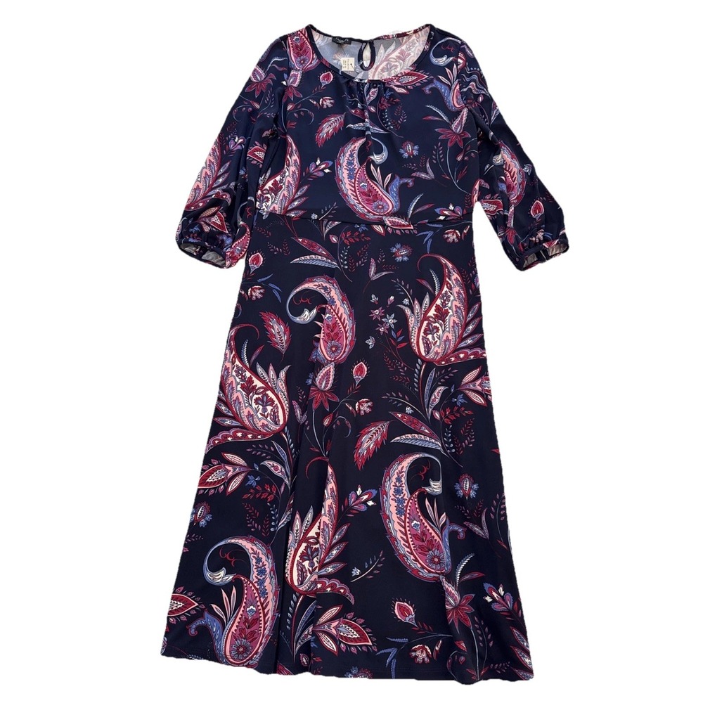Talbots Navy Paisley Midi Dress with Pink and White Accents